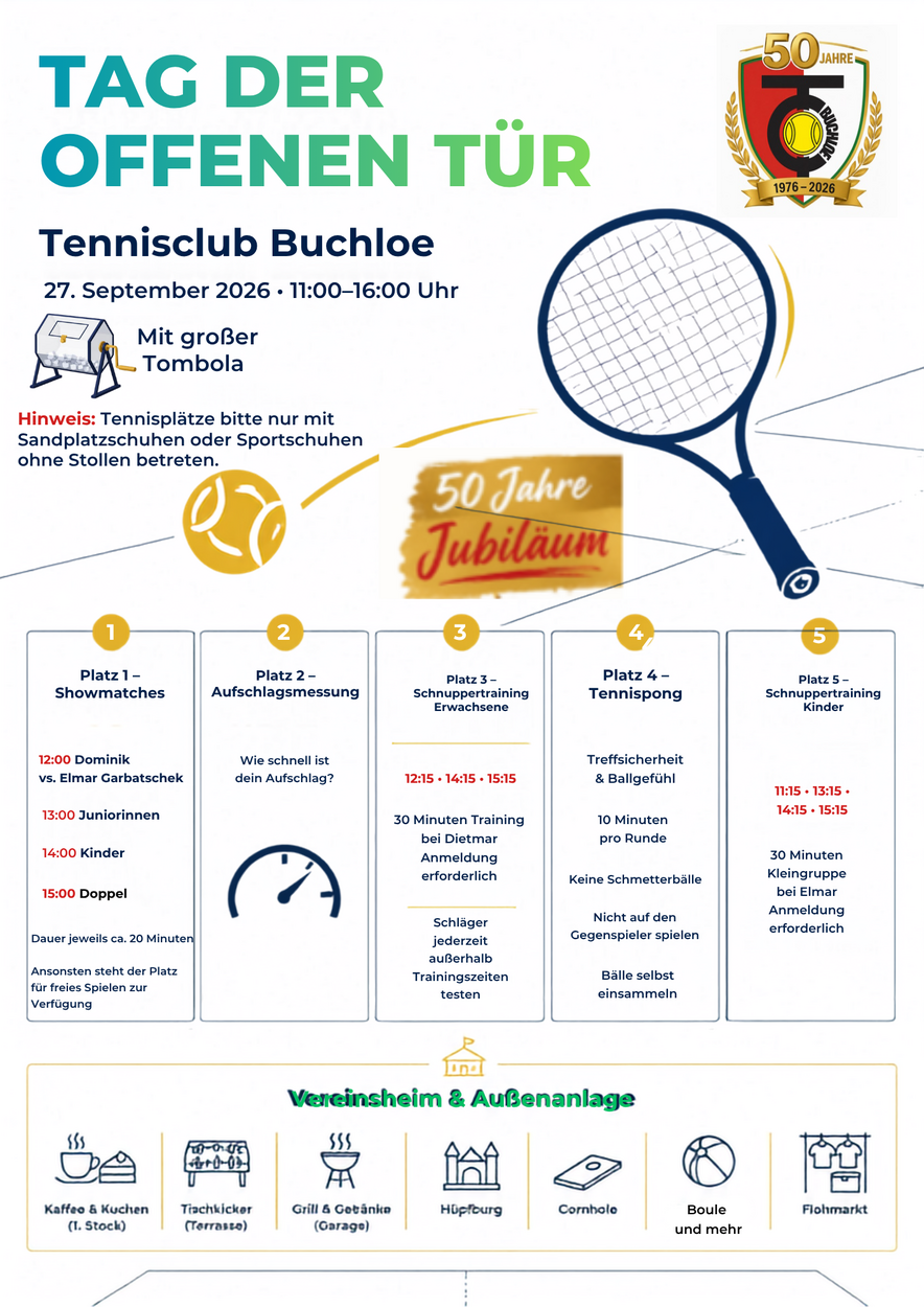 Heute: Tag der offenen Tür beim Tennisclub Buchloe! Tennis ausprobieren, Spaß haben und unseren Verein kennenlernen!